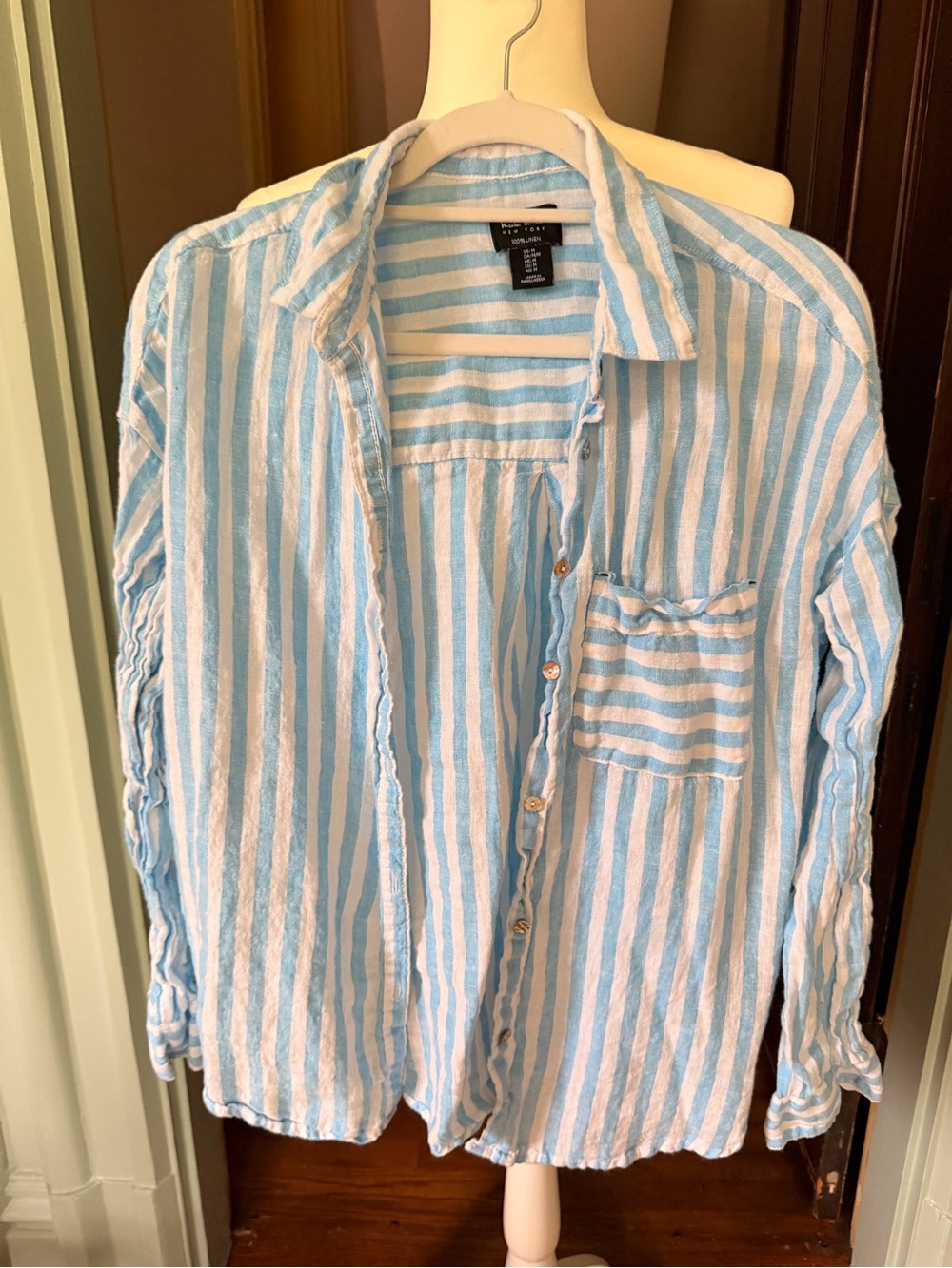 Light Blue and White Linen Striped Button-Up Shirt